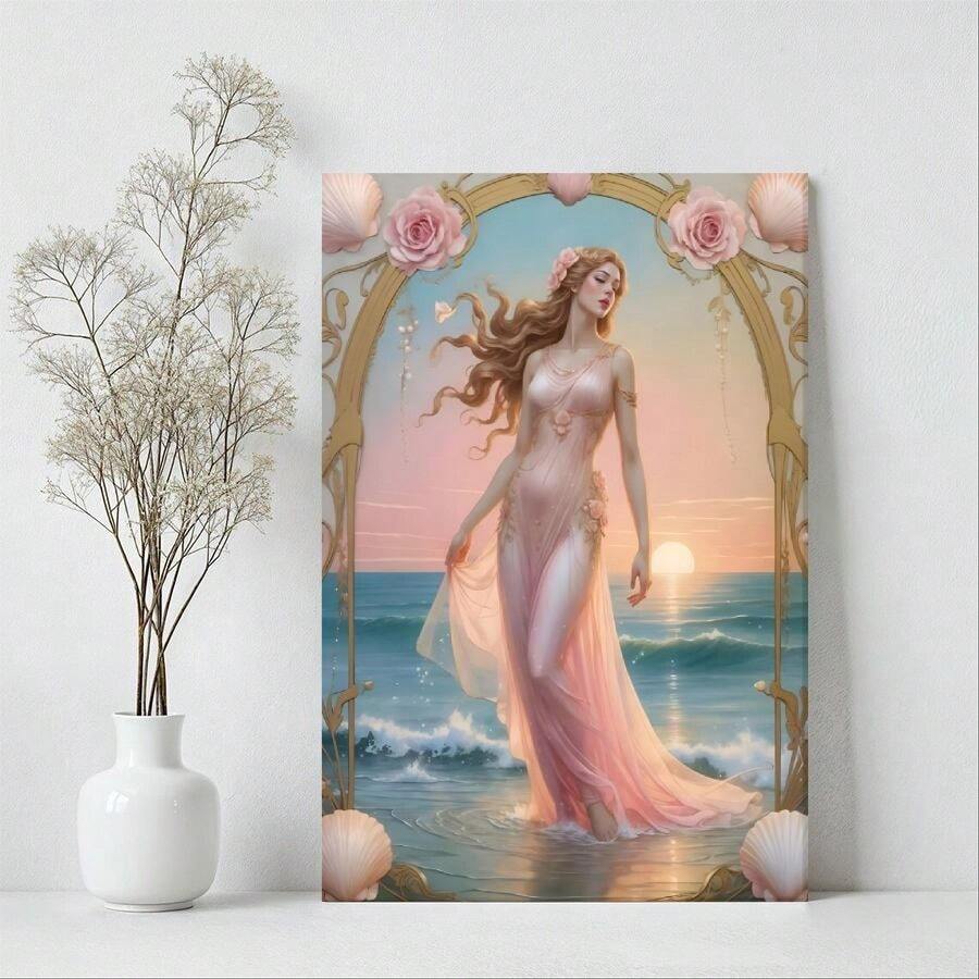 1pc Framed Canvas Poster, Aphrodite, Greek Goddess Of Love And Beauty, Nouveau Mythology, Divine Feminine Decor, Romantic Artwork Wall Art Canvas Paintings, Ideal Gift For Bedroom Living Room Corridor, Wall Art, Room Decoration, 2D Flat Print - 彩色 - 查看 1