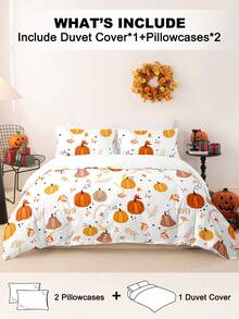 Bộ 3 vỏ chăn in kỹ thuật số hình quả bí ngô lá phong Halloween (1 vỏ chăn & 2 vỏ gối) Bộ chăn ga gối mềm mại và thân thiện với da cho gia đình, Bộ ga trải giường bốn mùa Quà tặng Halloween - Nhiều màu - Xem 2