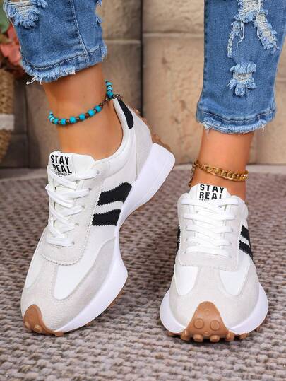 1 双女士休闲运动鞋，拼布厚底复古阿甘鞋，新款春秋休闲阿甘鞋经典米色，尖头系带户外鞋适合学生、办公室职员、散步、跑步和其他场合、节日、聚会、度假