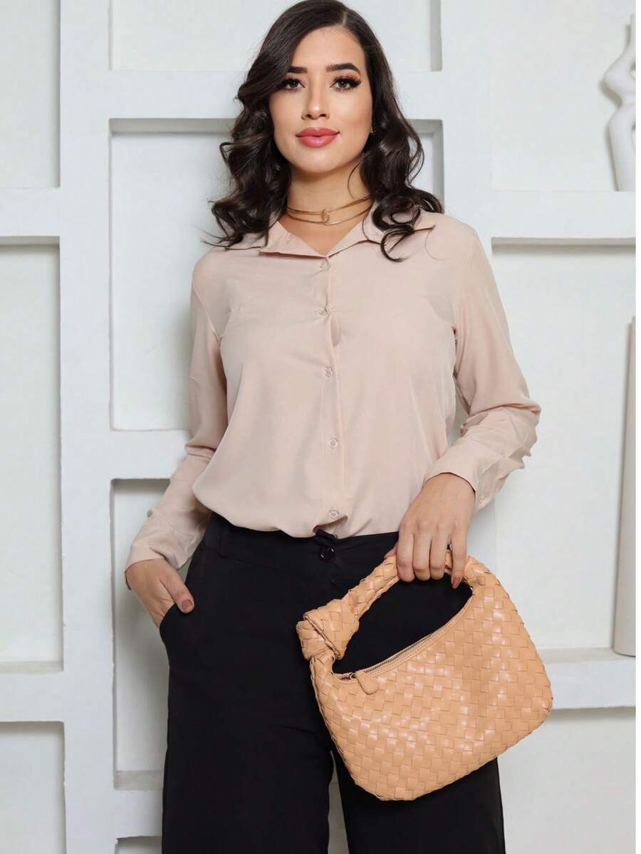 Simple Polyester Button Office SPRING/SUMMER/WINTER - Nude - View 1