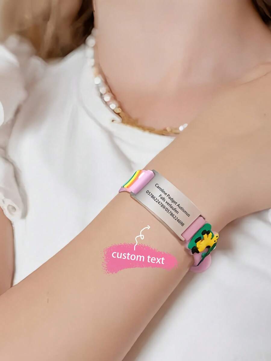 Bracelet d'urgence personnalisé / Bracelet d'identification spécial anti-perte. Ce bracelet d'identification mignon avec une plaque incurvée en acier inoxydable convient aux adolescents. Il est disponible en couleurs optionnelles de rose, bleu, rouge, noir et blanc, avec des styles couvrant la mode, les couleurs, le vintage, le minimaliste, le décontracté et le mignon. Il propose une personnalisation.