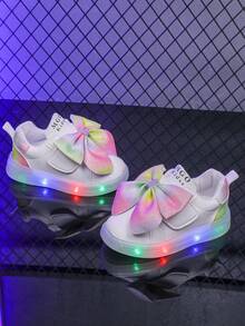 时尚大蝴蝶结 LED 发光透气皮革运动鞋，适合男孩和女孩 - 休闲、减震、四季防滑户外跑步和步行鞋 - 白色 - 查看 2