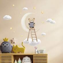 卡通熊、云朵、月亮、楼梯墙面装饰贴纸、自粘云朵、儿童房星星墙贴、家居装饰 - 彩色 - 查看 2
