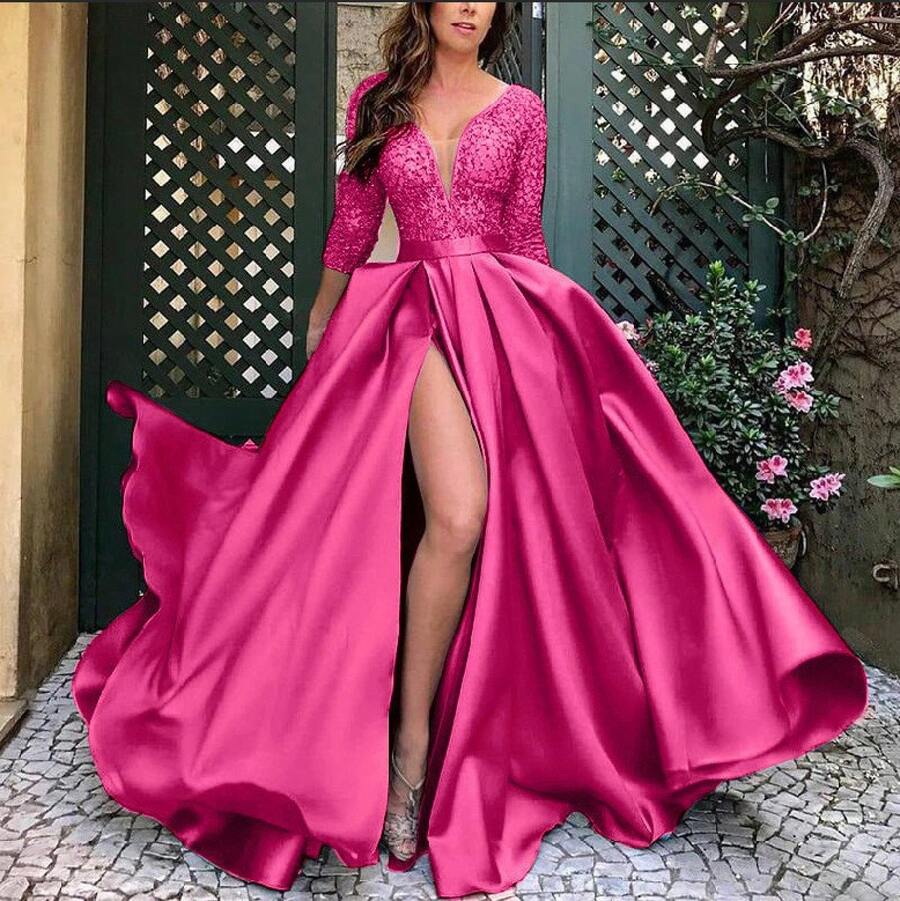 Custom Bulk New European And American Women's Clothing Independent Station Gold Stamping Large Hem Sexy Long Dress Evening Party Gown - 玫紅色 - 查看 1