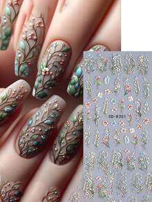2pcs 5D Embossed Green Vine Leaf Floral Bouquet Nail Art Stickers, Fresh Colorful Blooming Five Petal Flower Leaf Nail Decals Wedding Nails Designs DIY Nail Supplies Relief Charms Decoration - Green - View 2
