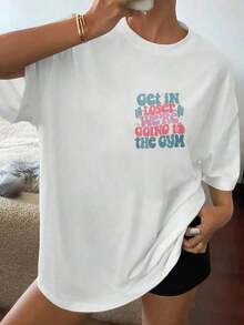 Shirt Women's "Loser, We're  To The Gym" Slogan Printed T-Shirt, Loose Casual White Round Neck Short Sleeve Top, Soft And Comfortable, Very Suitable For Daily Casual Wear |   Gym Enthusiasts |   Fitness WearLoose And Comfortable2026 Halftime Show Shirt - 白色 - 查看 2