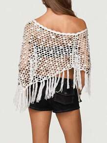 Women Sheer Poncho Top Lightweight Knit Crochet Shrug Bolero Mesh Batwing Sleeve Sweater Cover Up Beachwear