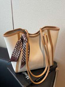 时尚纯色围巾装饰 PU 托特包，大容量通勤复古简约单肩包，百搭手提包，适合女性 - 米色 - 查看 11