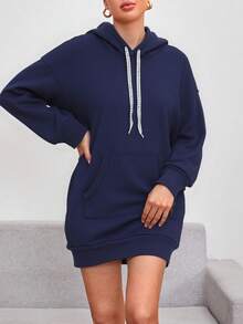 Sudadera de Mujer Larga con Capucha Frontal Cómoda y Calientita - Azul Marino - Ver 1