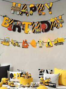 22 قطعة مجموعة خلفية أعلام سحب بموضوع مركبات البناء، لافتة عيد ميلاد شاحنة الحفارة ديكور الحفلة