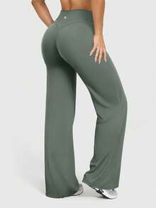 OQQ Yoga Pants Women High Waist Stretch Casual Soft Straight Leg Bottoms - 豆綠色 - 查看 1