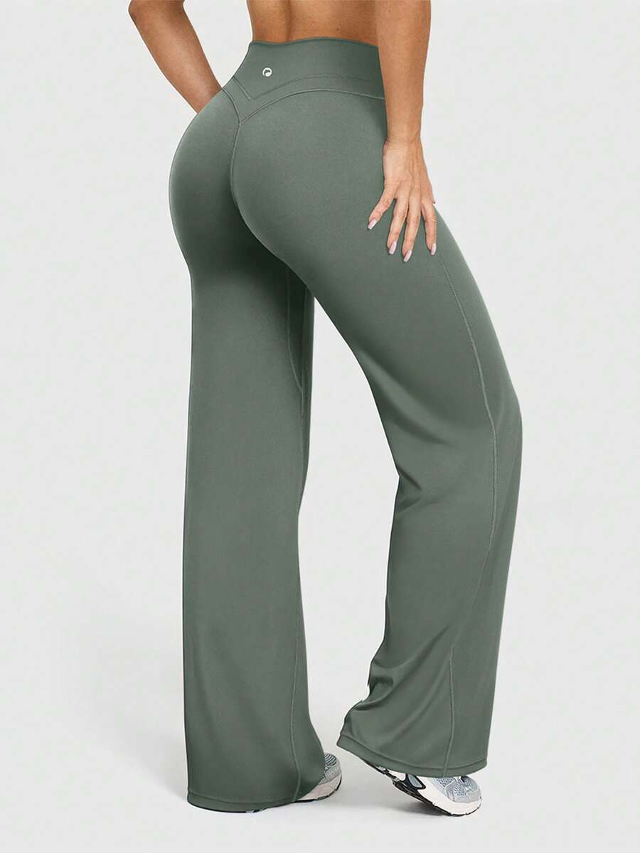 OQQ Yoga Pants Women High Waist Stretch Casual Soft Straight Leg Bottoms - 豆綠色 - 查看 1