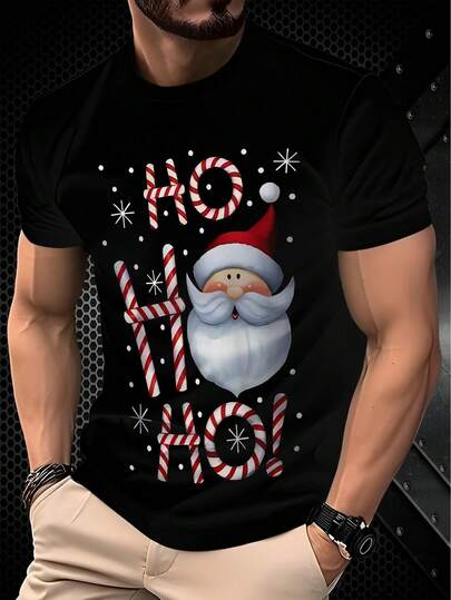 圣诞老人 3D 印花 T 恤，男士休闲街头风格弹力圆领 T 恤，夏季