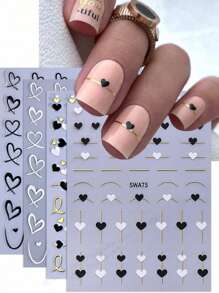 4pcs Black & White Hollow Heart Shaped French Line Design DIY Valentine's Day Romantic Holographic Self-Adhesive Gel Polish Nail Art Decals