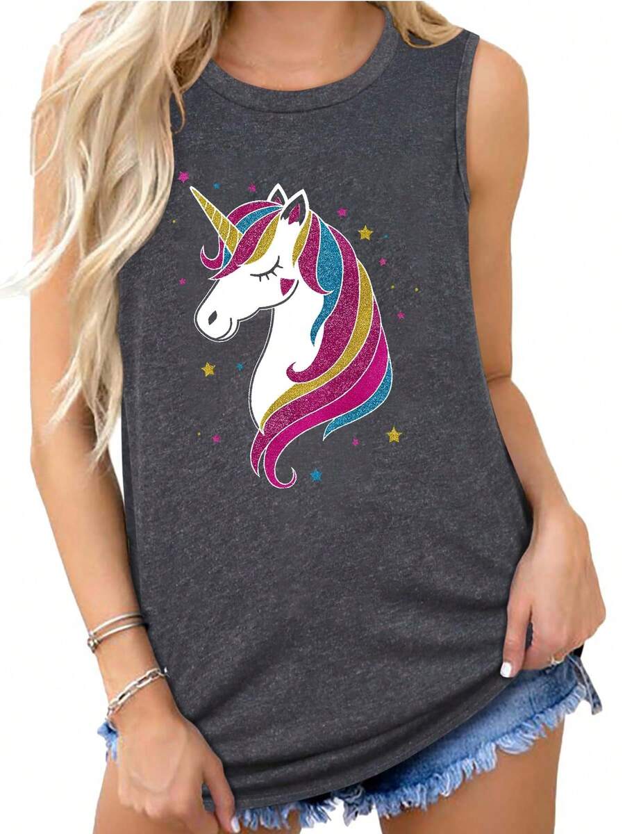 A Glittering Unicorn With Rainbow Mane And Stars Background Womens Loose Fit Casual Tank Tops Black Grey White - 灰色 - 查看 1