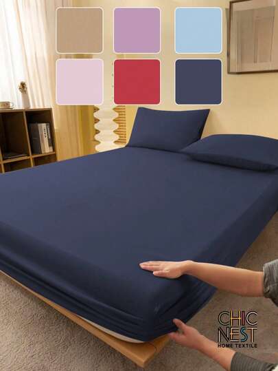 2/3pcS Solid Color Dark Blue Fitted Sheet Set (1Pc Fitted Sheet+1/2pcs Pillowcases), Mattress Protector, Mattress Cover For Bed, Bed Sheet Set, Soft And Breathable, For All Size Bed -Twin, Full, King, Queen Size Sheet Deep Pocket Up To 11.8 Inch