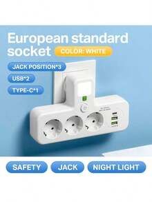 Enchufe de alimentación de 6 en 1 con 3 tomas de CA, 2 puertos USB y 1 puerto Tipo C para cargar múltiples dispositivos - Ideal para uso en el hogar, oficina, viajes y estudio