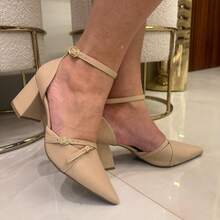 Show Show Slingback Buckle Pumps Women's Pointed Toe, Thick Heel - NAPA ALMOND - View 4