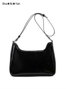 Y2K Fashion Shopping Casual Minimalist Street Commute Large Capacity Women's School Style Oiled Wax Leather Transparent Badge Shoulder Bag Crossbody Bag, Can Hold Textured Items, Can Hang Key Chain, Can Hold Postcards - Black - View 4