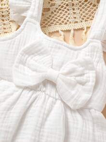 2pcs Set Elegant & Cute Baby Girls' Dress Romper, Soft, Breathable, Comfortable, Bow Decor Solid Color Ruffle Layered Dress Romper & Sun Hat, Suitable For Casual, Daily, Vacation - White - View 6