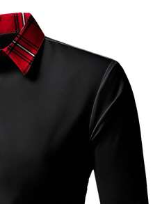 男士商务正装衬衫，红色格子图案，修身版型，涤纶面料，四季皆宜，梭织，120克/平方米面料重量，略带弹性，翻领，成人尺码，圣诞节，长袖上衣 - 黑色 - 查看 5