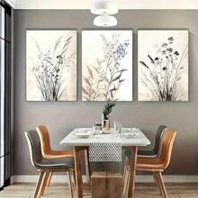 Set Of 3 Art Deco Modern Classic Canvas Wall Art Prints, Botanical Floral Landscape Theme, Ink Artwork, With Pine Wood Frame/Without Frame, For Home Office, Living Room, Bedroom, Kitchen, Spring & Winter Seasons, Indoor & Outdoor, Restaurants & Bars