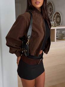 复古纯色天鹅绒拉链口袋女士短款夹克，适合日常穿着，秋冬 - 棕色 - 查看 2