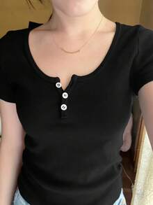 Y2K Style Fitted Solid Color Crew Neck Short Sleeve T-Shirt For Women, Suitable For Back To School, Beach Travel And Casual Wear - Black - View 9