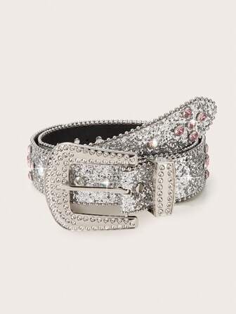 1件西部风格银色亮片串珠水钻装饰时尚派对腰带，适合女性，完美适用于狂欢节、返校季、圣诞节、万圣节和日常佩戴 - 配饰