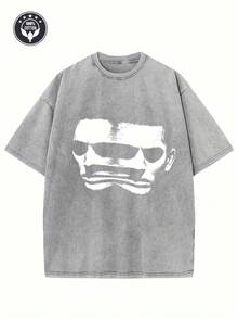 1 Piece 230g "DISSOCIATE Split" Creative Pattern Print Heavy 230g Pure Cotton Oversized Drop Shoulder T-Shirt Washed T-Shirt Men's Retro Street T-Shirt Basic T-Shirt Loose Hip-Hop Top Acid Wash T-Shirt - Màu Xám nhạt - Xem 1