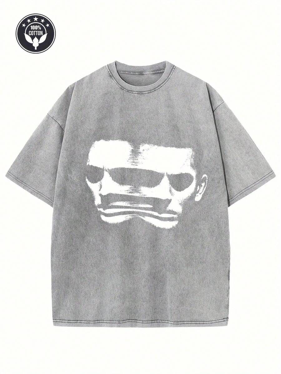 1 Piece 230g "DISSOCIATE Split" Creative Pattern Print Heavy 230g Pure Cotton Oversized Drop Shoulder T-Shirt Washed T-Shirt Men's Retro Street T-Shirt Basic T-Shirt Loose Hip-Hop Top Acid Wash T-Shirt - Màu Xám nhạt - Xem 1