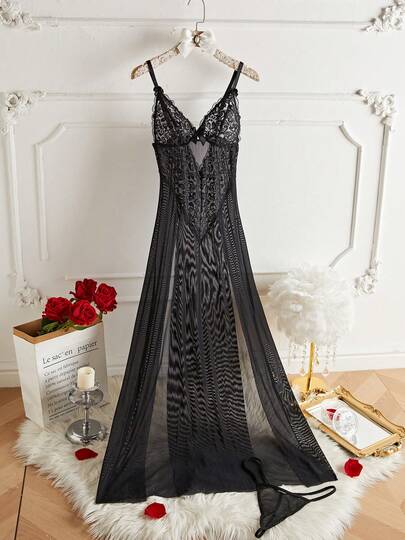 Floral Print Maxi Slip Dress, Solid Color Mature Charm - Luxurious Slit Sheer Mesh Splice