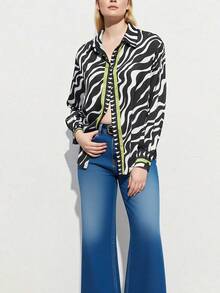 Plus 女式撞色条纹印花长袖衬衫上衣 - 黑與白 - 查看 3