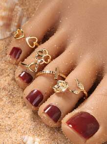 1PC/4PCS Gold Adjustable Toe Ring Set – Heart Cross Rose Paw Design Foot Jewelry For Women Summer Beach Style