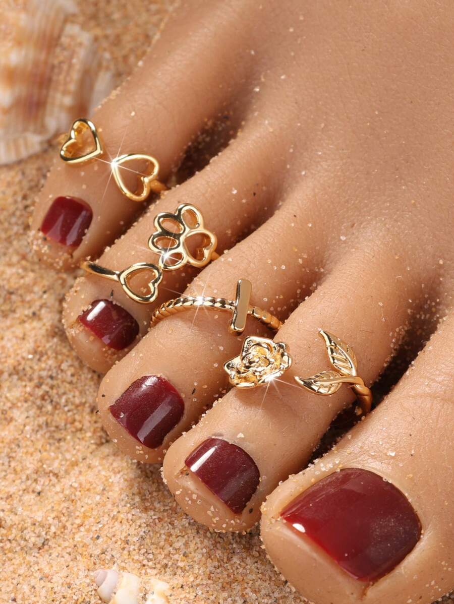 1PC/4PCS Gold Adjustable Toe Ring Set – Heart Cross Rose Paw Design Foot Jewelry For Women Summer Beach Style