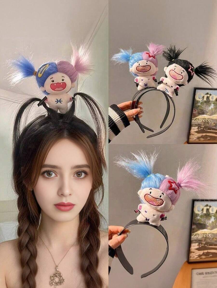 1 Pc Crazy Doll Headband, A Funny And Playful Cartoon Doll Hair Accessory, A Cute And Interesting Girl's Hair Ornament, Hair Accessories, Hair Band, Hair Hoop, Hairband For Women, Home Beauty Women Accessory Gifts ,Costume Head Accessories - Double Blue and Purple - View 1