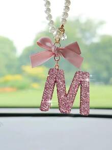 1 món đồ trang trí treo nội thất xe hơi, nơ đính đá màu hồng hình chữ cái, phụ kiện gắn gương chiếu hậu xe hơi - Một cỡ - Xem 22