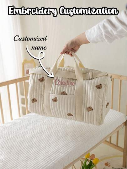 1pc Customized Embroidered Mommy Bag, Pure Travel Bag With Large Capacity, Lightweight Diaper Bag, Soft & Skin-Friendly Clothes Storage Handbag, Large Capacity With Multi-Pocket Design, Portable, Multifunctional, Universal, Practical, All-Round Fashionable, Colorful, Cute, Casual/Resort Style, College Style, Customized, Personalized, Unique, Customized Goods,All-Purpose,Large Capacity,Versatile,Multifunction,Colorful,Cute,Adorable,Contracted,Funny,Kawaii,Y2K,Minimalist,Commuting,Business Casual,Basics,Custom,Personalized,Unique,Customized,Ideal Gifts For Him,Ideal Gifts For Her,Her,Family,Friends,Girlfriend,For Anniversaries,For Birthdays,For Holiday/ Vacation,For Outdoors/Outings/Travel/Hiking/Stadium/Sports/Climbing,For Business/Commute/Work/Office
