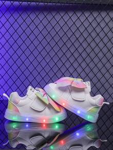 时尚大蝴蝶结 LED 发光透气皮革运动鞋，适合男孩和女孩 - 休闲、减震、四季防滑户外跑步和步行鞋 - 白色 - 查看 4