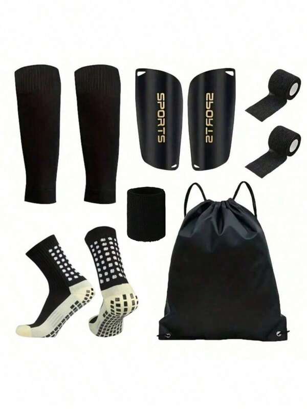 6pcs/Set Football Sports Gear Set, Including Silicone Grip Soccer Socks, Shin Guards, Protective Gear, Drawstring Backpack, Shin Guard Straps And Sports Tape - Polyester & Spandex Knit Socks, Solid Color, Hand Wash & Machine Wash