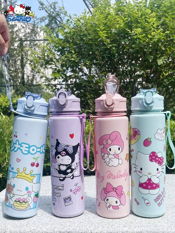 Sanrio 1 PC Hello Kitty Cat From Sanrio 800ml / 27 Oz Transparent Sports Water Bottle With Bouncing Lid | Equipped With Shoulder Strap And Straw, Suitable For Fitness, Running, Picnics, Camping, Traveling - Perfect Back-To-School Gift