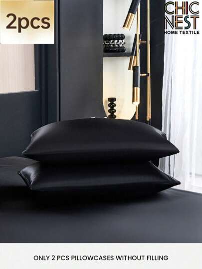 2pcs/Set Black Premium Silky Satin Envelope Pillowcases Set, Soft Breatheable Wrinkle-Free Better For Hair Skin Sleep, Pillow Covers Without Filling Luxurious And Silky Smooth, Ultra Soft And Breathable, No Filler, Machine Washable ,Good Gifts For Friend And Trip  Cooling Pillow Covers With Envelope Closure, Luxury Bed Pillow Cover, Ultra Soft Hotel Pillow Protector, Fit For Standard Queen King Twin