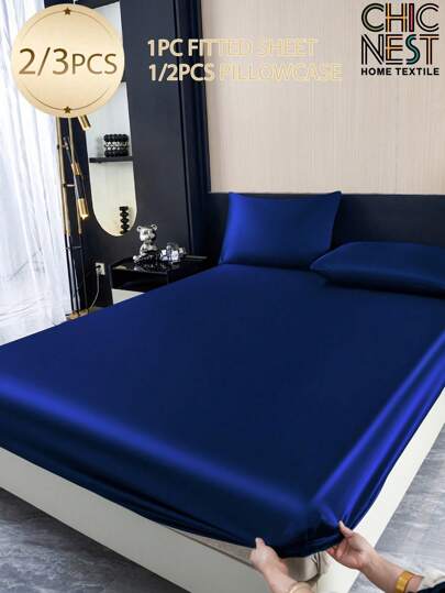 2/3 件纯色海军蓝缎子床笠套装仿真丝床笠套装，含 1 件床笠 + 1/2 件枕套（无填充物），现代柔软床上用品套装，适用于家庭特大号双人床尺寸床单床罩，深口袋最大可达 11.8 英寸，透气防皱，更适合睡眠，可机洗