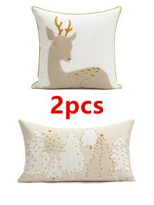 1 szt./2 szt. Beżowa poszewka na poduszkę z motywem antylopy, jelenia i choinki, płótno bawełniane w stylu nordyckim z wykwintnym haftem, złota falbanka na krawędzi, dekoracja perłowa, dekoracyjna poszewka na poduszkę do sypialni, salonu, sofy, na Nowy Rok, Boże Narodzenie, do ogrodu, na 4 pory roku, 30*50 cm, 45*45 cm (bez wkładki) - Beżowy - Zobacz 11