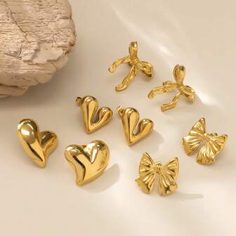 8-Piece Charming And Elegant Heart-Shaped Bow Earring Set, Stainless Steel Hypoallergenic Lady's Fashion Stud Earrings, Suitable For Daily Wear And Banquets.
