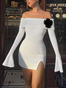 Women's Elegant Solid Color Off Shoulder Commuter Minimalist Dress With Ruched Shoulder Design, Black Oversized 3D Floral Decor, Flared Hem And Mini Slit