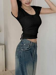 2025春夏新款时尚休闲女式系带短袖T恤 黑色 - 黑色 - 查看 4