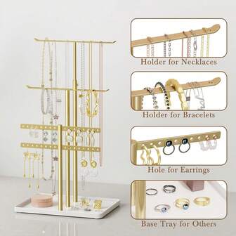 1 pieza Organizador de joyería, Árbol de joyería ajustable de 17.5" de altura (máx.), Organizador de joyería para collares, aretes, perchero de 3 niveles para collares, pulseras, aretes, acero inoxidable, regalo, soporte de almacenamiento y exhibición versátil para collares, aretes y pulseras con bandeja, Día de San Valentín para mujeres, organizador de almacenamiento, esenciales de viaje, regreso a la escuela, almacenamiento de dormitorio, decoración de otoño