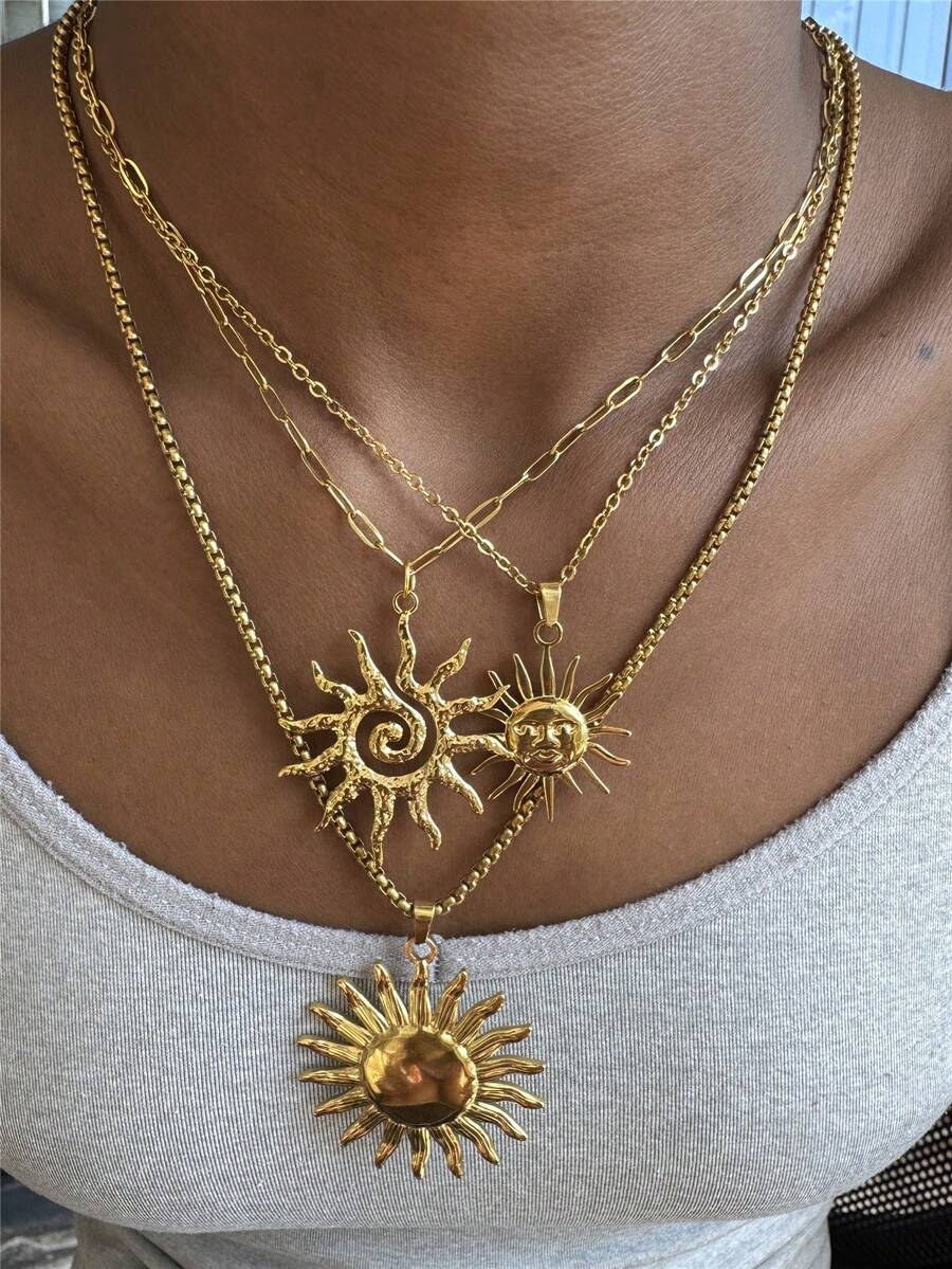 Stainless Steel Swirl Sun Pendant Necklace, Summer Beach Holiday Accessory