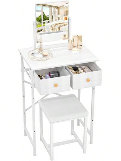 X-Cosrack Small Makeup Vanity Desk With Mirror & Chair, Mini Vanity Desk Table Set With Fabric Storage Drawer, 19.7" Compact Vanity Desk For Girls, Dressing Table With Chair For Bedroom, White